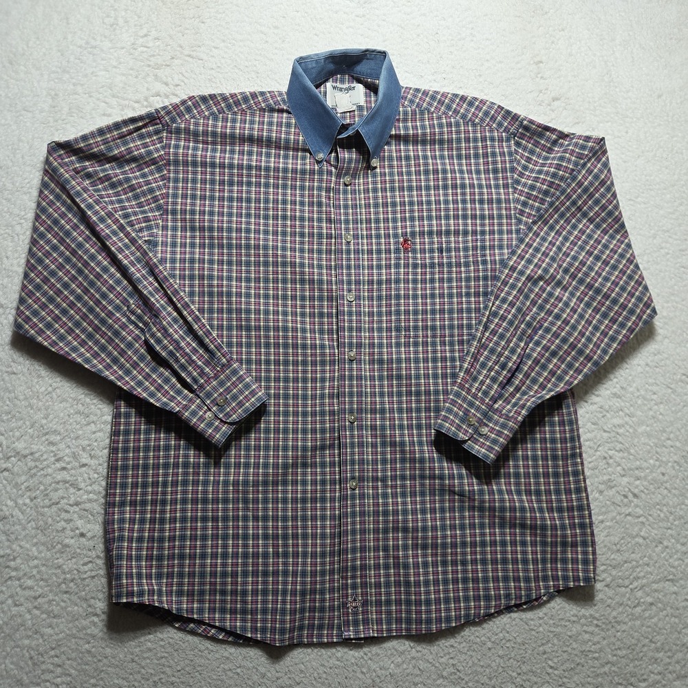 VTG Wrangler PBR Shirt Mens XL Plaid Rodeo Button Down Western Long Sleeve